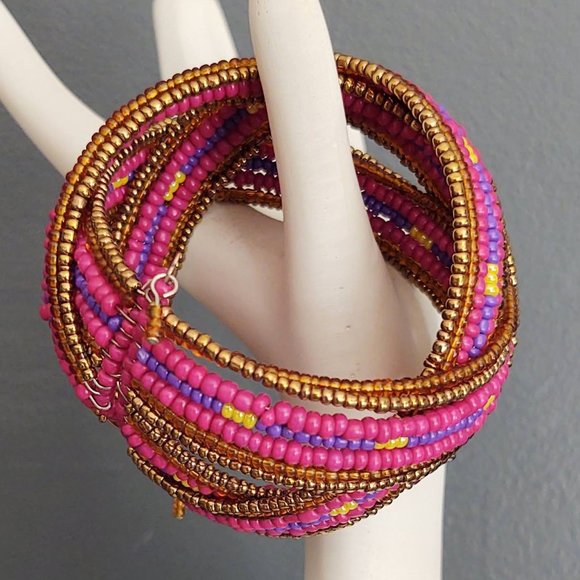 Purple, pink, yellow and metallic seed bead cuff - Picture 4 of 11
